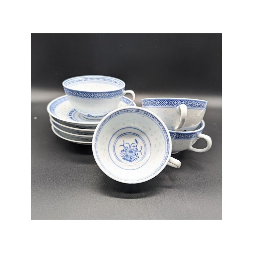 Vintage Jingdezhen Rice‎ Grain Cup & Saucer Set of 4 Chrysanthemum Porcelain Tea